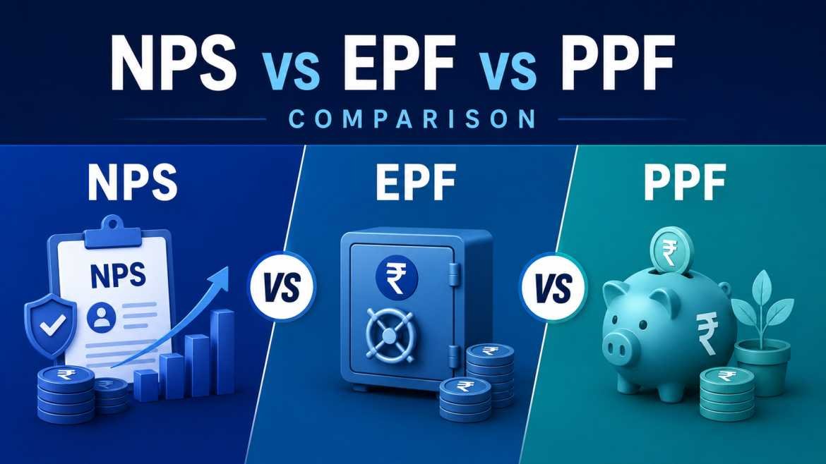 NPS vs EPF vs PPF retirement comparison illustration showing returns and tax benefits